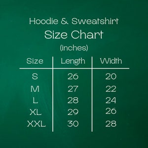 以下が含まれることがあります： フーディーとスウェットシャツのサイズチャートで、サイズS、M、L、XL、XXLの着丈と身幅がインチで表示されています。