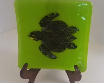 Sea Turtle Glass Plate: Handmade Enamel Design (6x6)