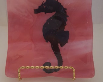 Seahorse Design Fused Glass Plate (Holder not included) - 6 x 6 plate