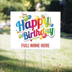 Custom Happy Birthday Balloons Yard Sign, 24" x 18" Birthday Lawn Sign, Yard Card Printed on Both Sides Includes Stake