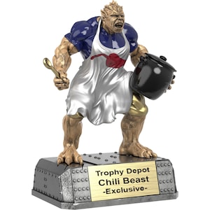 May include: A gold-colored trophy of a muscular, green-skinned creature wearing a white apron and holding a large pot and a spoon. The base of the trophy is silver and has the text "Trophy Depot Chili Beast -Exclusive-"