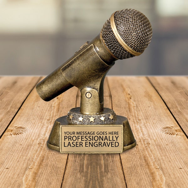 Gold Microphone Sculpture Trophy, Funny Award, with Custom Engraved Text, Hand Painted, Karaoke, public speaking, DJ, Presenters, Singer