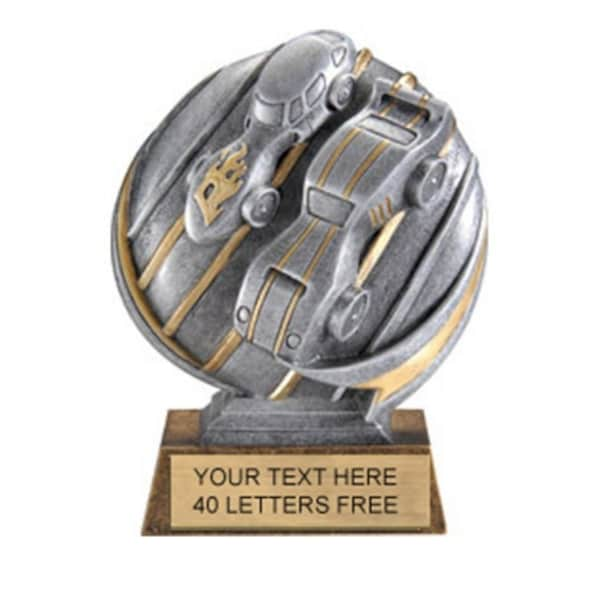 Pinewood Derby Trophy - 4 lines of Custom Engraved Text, Heavy Resin casting, Hand Painted