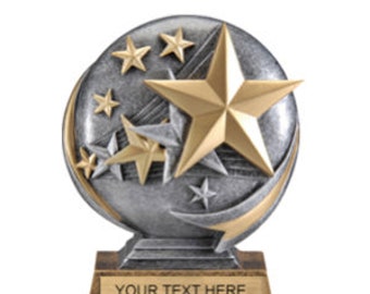 Star Achievement Trophy - 4 lines of Custom Engraved Text, Heavy Resin Casting, Hand Painted