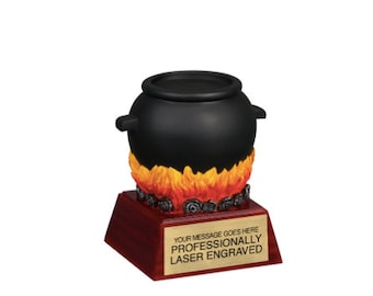 Chili Cook-Off Trophy - with 4 Lines of Custom Engraved Text, Hand Painted, Resin Casting.