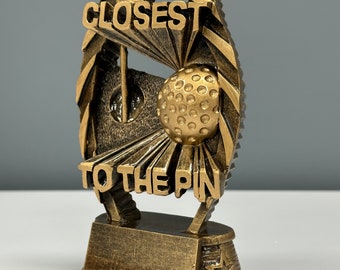 Golf Closest to the Pin Trophy with 5 lines of Custom Engraved Text, Hand Painted, Resin Casting, Size: 6.5" H x 3.75" W