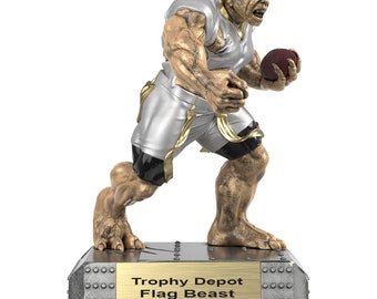 Flag Football Trophy with Custom Engraved Text, Beast, Monster Sculptured Award, Hand Painted, Heavy Resin Casting, Trophy Depot Exclusive!