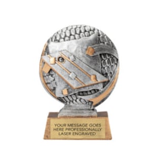 May include: Silver and gold-toned trophy with a geometric design. The base is engraved with the text "YOUR MESSAGE GOES HERE PROFESSIONALLY LASER ENGRAVED".