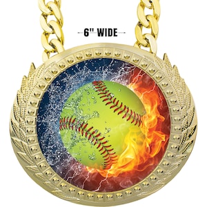 May include: Gold softball medal with a 6-inch wide chain. The medal features a softball with flames and water surrounding it.