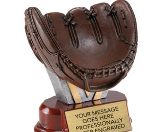 Baseball Glove Ball Holder Trophy - with 4 lines custom Engraved Text, Hand Painted, Heavy Resin Casting. 4"H x 3.75" x 3.25"D