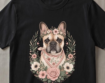 French Bulldog Floral Crown PNG Digital Download, Cute Frenchie Dog Mom Art, Cottagecore Boho Pet Clipart Sublimation, Dog Lover Gift