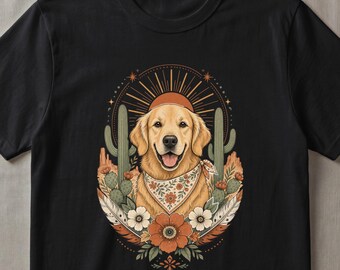 Boho Golden Retriever Dog Design Digital Download, Western Desert Dog Lover PNG, Cactus Southwest Puppy Art Print