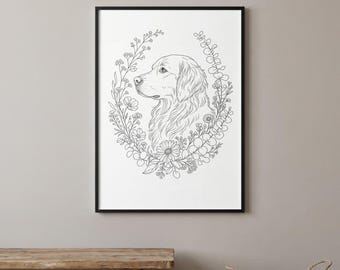 Golden Retriever Floral Wreath Line Art Digital Download | Dog Mama SVG PNG | Pet Memorial Printable Art | Dog Lover Gift
