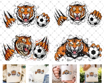 Tiger hält Fußball in den Klauen Maskottchen Tigers Logo Cartoon, 4 Versionen durch Hintergrund PNG gerippt,