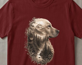 Golden Retriever Digital Art Print, Dog Mountain Landscape Woodland Pet Portrait, Rustic Sepia Nature Lover Gift, Canine Forest Scenic