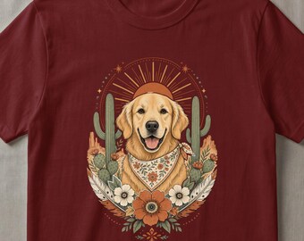 Boho Golden Retriever PNG Digital Download, Southwestern Dog Design, Desert Pet Art, Bandana Dog Lover Gift Graphic File