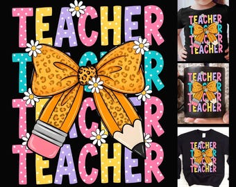 Coquette Bow Pencil Doodle Teacher PNG, Back To School Teacher Appreciation Sublimation Shirt Design,