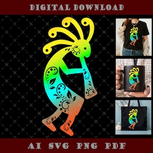 May include: A digital download graphic featuring a colorful Kokopelli design. The Kokopelli figure is rendered in a gradient of yellow, green, blue, and orange, with black floral accents. The words "DIGITAL DOWNLOAD" and file types are also displayed.