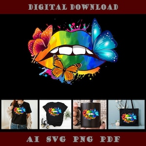 May include: Digital download graphic featuring a colorful illustration of lips with a rainbow gradient, white teeth, and butterflies. The design includes the text "DIGITAL DOWNLOAD" at the top and "AI SVG PNG PDF" at the bottom.