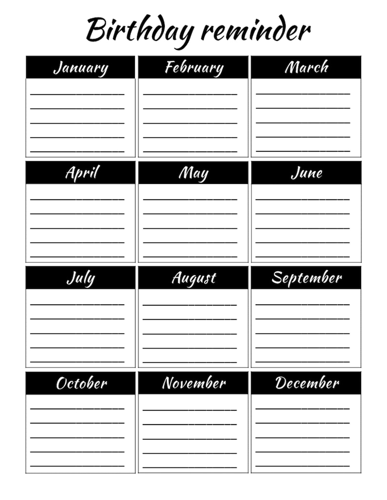 birthday reminder birthday calendar printable perpetual etsy