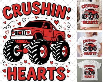 Junge Valentine Monster Truck PNG, Crushin Hearts Kleinkind Shirt Design, Retro Distressed Kinder Sublimation, XOXO Valentine Grafik
