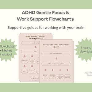 May include: ADHD Gentle Focus & Work Support Flowcharts, supportive guides for working with your brain. Includes 4 flowcharts and 1 bonus. The image features two pink cards with flowcharts and the text "Instant download".