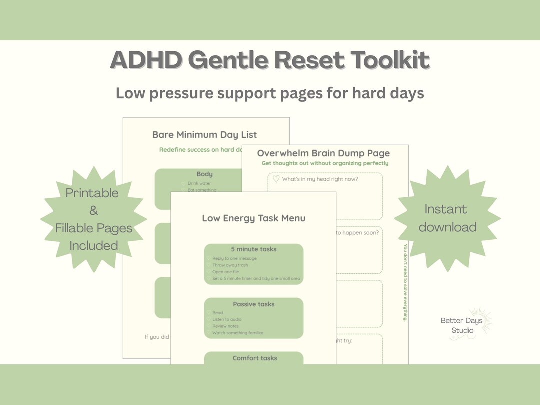 ADHD Gentle Reset Toolkit Printable | Low Energy Support Pages ...