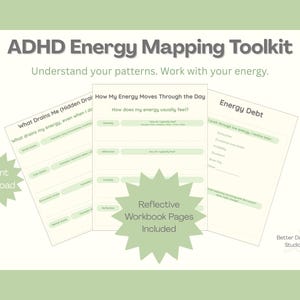 Peut inclure: Kit de cartographie énergétique TDAH avec des pages de cahier de réflexion. Le kit comprend des pages intitulées "Ce qui me vide", "Comment mon énergie évolue au cours de la journée" et "Dette énergétique". Le texte "Téléchargement instantané" est également visible.