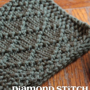 May include: A close-up of a green knitted coaster with a diamond stitch pattern. The coaster is made with a dark green yarn and has a textured surface. The text "PDF Knit Pattern" and "Diamond Stitch Coasters" is visible in the image.