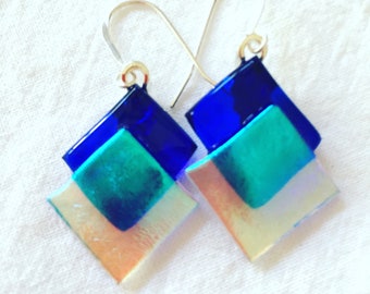 Dichroic Glass Earrings, Caribbean Blue & Aqua