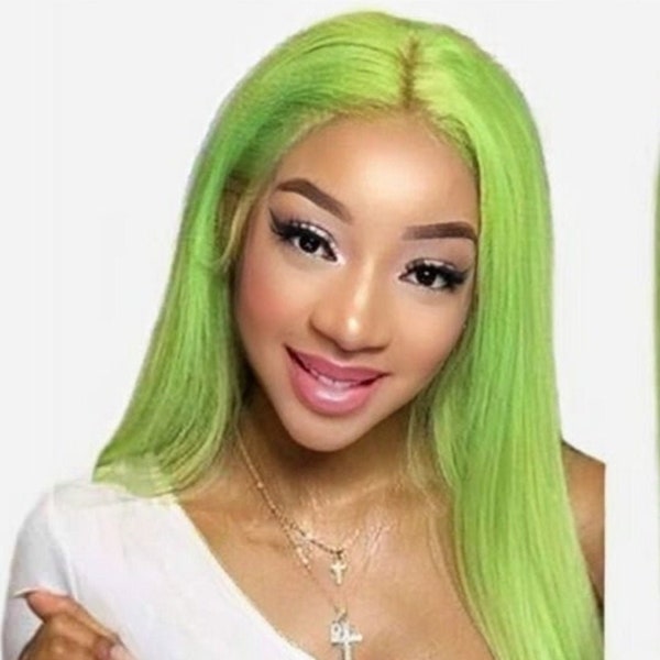 NEON GREEN| Dark Green Silky Straight Remy Hair Lace Front Wigs, Human Hair Wigs, Bleached Knots.