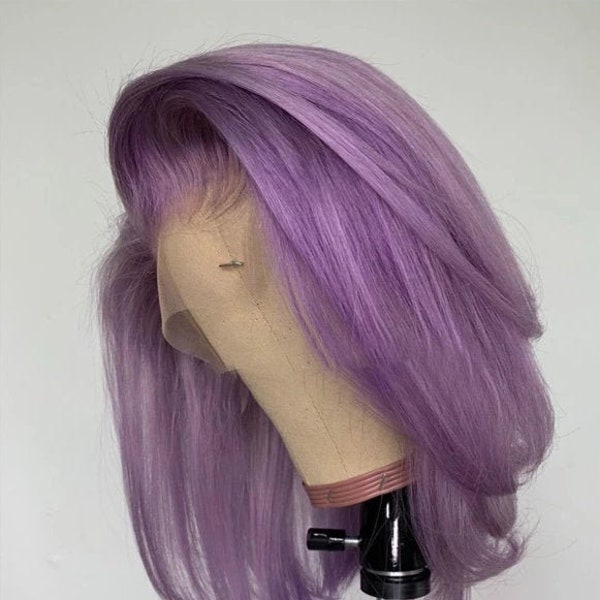 VIVID - Lavender Purple Human Hair Wigs - Remy Hair Lace Front Wigs, Body Wave or straight, Bleached Knots, PIXIE cut.