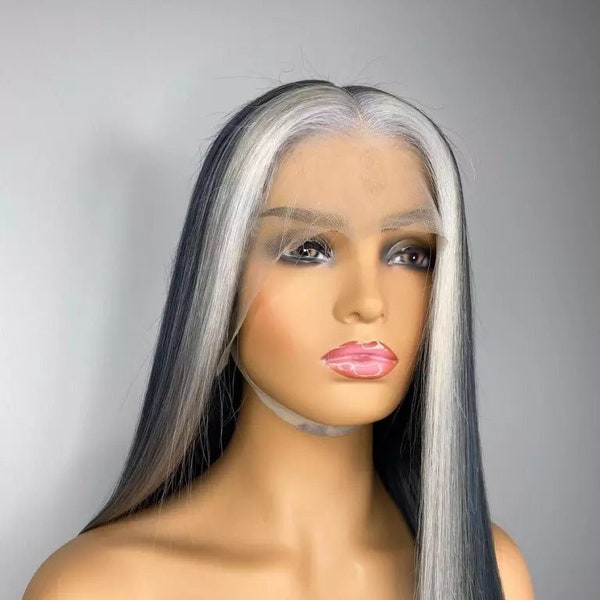 SILVER Hair SALT and Pepper Luxury 13x4 Lace Front Platinum Blonde Streak Highlight Human Hair Wig Grey hair Money Piece|HD Lace