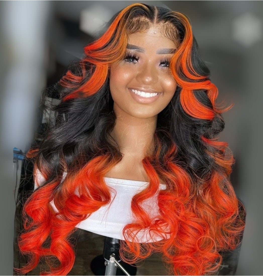 OMBRE ORANGE Black Color 13x4 Lace Front Human Hair Wigs 150 Etsy 日本