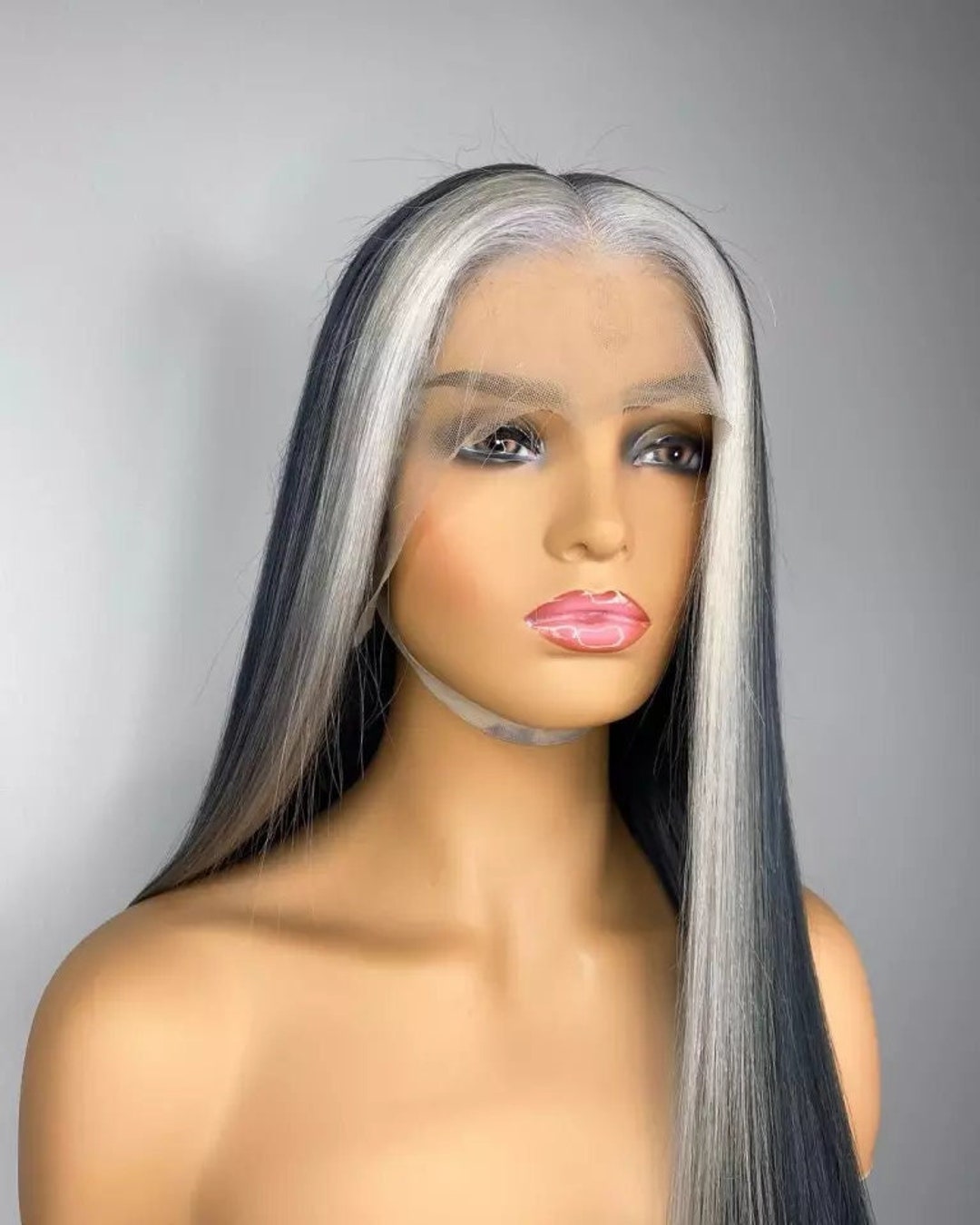SILVER Hair Salt and Pepper Luxury 13x4 Lace Front Platinum Blonde Streak Highlight Human Hair Wig Grey hair Money Piece