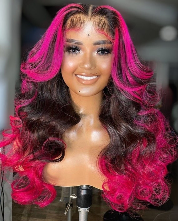 OMBRE HOT PINK Balck Color 13x4 Lace Front Human Hair Wigs 150 - Etsy