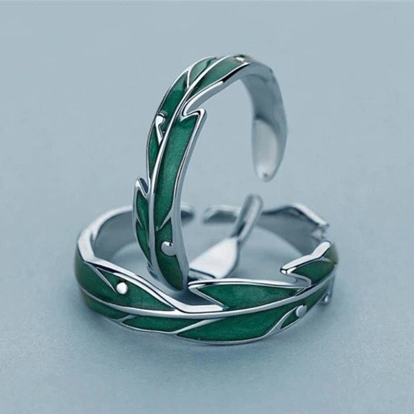 Silver Leaf Branch Ring, Silver Green Leaf Ring, Laurel Ring, Nature Jewelry, Twig Ring, Vine Ring, Rainforest Ring, Couple Ring
