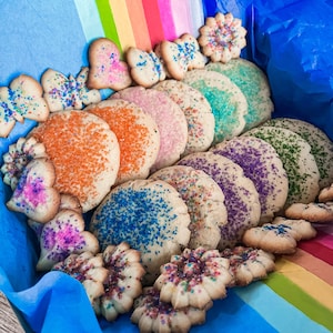 Pride Cookie Box. Sugar Sprinkle Cookies. Spritz Cookies. Rainbow Cookies. Pride Month. Love is Love. Multicolor Cookies. Colorful Cookies.