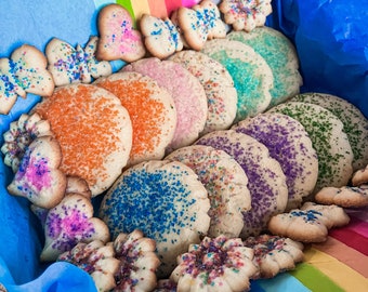 Pride Cookie Box. Sugar Sprinkle Cookies. Spritz Cookies. Rainbow Cookies. Pride Month. Love is Love. Multicolor Cookies. Colorful Cookies.