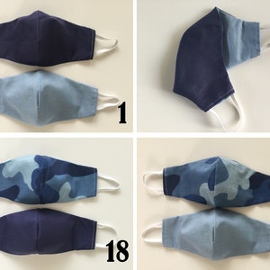 May include: Two pairs of face masks. The first pair is blue and light blue. The second pair is blue and camouflage.