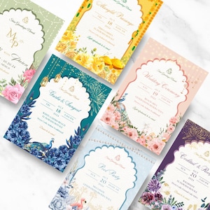 May include: Five colorful wedding invitation cards with floral and peacock designs. The cards feature different events, including a Manglik Prasange, Garba & Sangeet, Wedding Ceremony, Cocktail & Reception, and Pool Party. Each card has a unique color scheme and design, with intricate details and elegant typography.