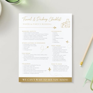 May include: A white checklist with gold text titled "Travel & Packing Checklist" for Maitri & Paren's Wedding. The checklist includes items to pack for a wedding, such as wedding outfits, other clothes to remember, footwear, toiletries, accessories, must-haves, and nice to have items. The checklist also includes a cute illustration of suitcases and airplanes.
