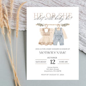 He or She Baby Shower Invitation | Gender Neutral Baby Reveal Invite | Editable Canva Template | Digital Download | Boy or Girl Outfit Theme