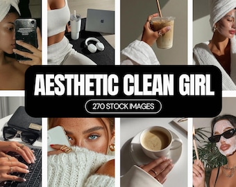 Puede incluir: Un collage de imágenes con un tema estético y limpio. Las imágenes incluyen una persona con una toalla en la cabeza, un portátil, una taza de café y el texto "Aesthetic Clean Girl 270 Stock Images."