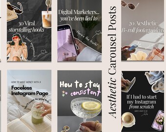 Op de afbeelding: Een collage van negen Instagram-story-graphics met tips voor digitale marketeers. De graphics bevatten tekstoverlays op een zwarte achtergrond met afbeeldingen van koffie, een laptop en een glas water met een schijfje citroen. De tekst bevat zinnen als "30 virale storytelling-hooks", "Hoe consistent te blijven" en "Als ik mijn Instagram opnieuw moest beginnen".