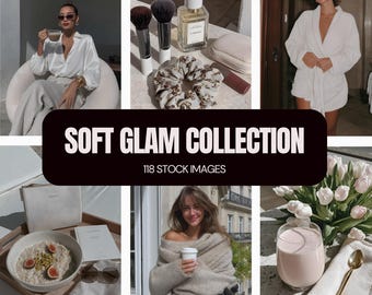 Puede incluir: Un collage de imágenes de estilo de vida que presenta a una mujer con una taza de café, brochas de maquillaje, perfume, una mujer con una bata blanca, avena con higos, una mujer con una bufanda y café, y una bebida rosa. El texto dice "SOFT GLAM COLLECTION" y "118 STOCK IMAGES".