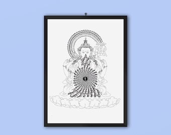 Hri: Das Samen-Mantra des Chenrezig (Avalokitesvara). Kalligrafie-Kunst von Jamyang Dorjee Chakrishar. Hochwertiger Druck in Museumsqualität