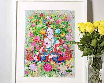 Brilliantly Vivid White Tara. Tibetan Contemporary Art by Karma Phuntsok. Museum-Quality Print