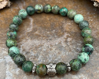 African Turquoise 8 mm Owl Bracelet Natural Stone Beaded Bracelet