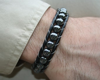 Leather Bracelet Hematite Bracelet | Mens Leather Men Bracelet | with magnetic closure | Handmade Gift Father's Day Christmas Birthday